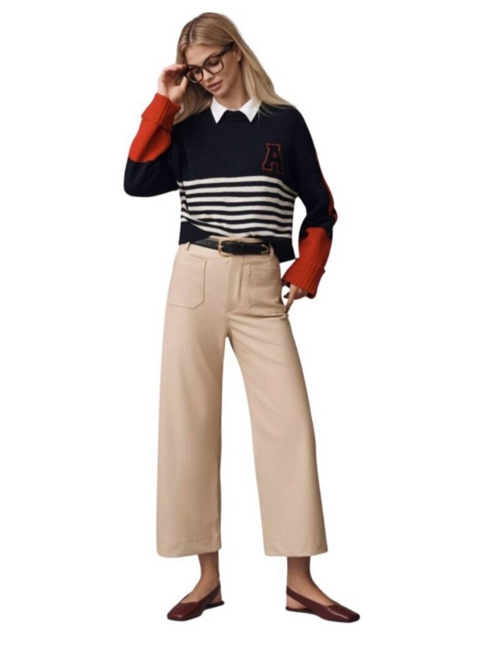 Maeve Colette Faux-Leather High-Rise Wide-Leg Cropped Pants in Cream size 28 - Picture 2 of 9